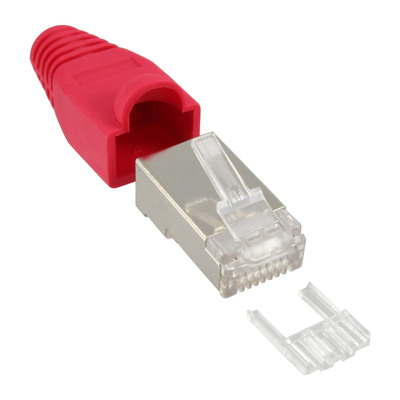 10er Pack InLine® Crimpst. RJ45 gesch., mit Knickschutz & Einfädelhilfe, rot (Produktbild 1)