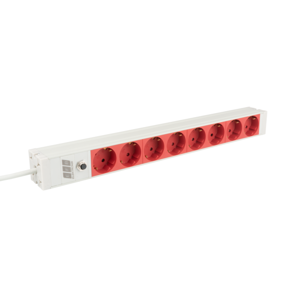 19? 1HE Steckdosenleiste 8 x CEE 7/3 rot,  Zul. C14, 10 A Überlastschutz, grau