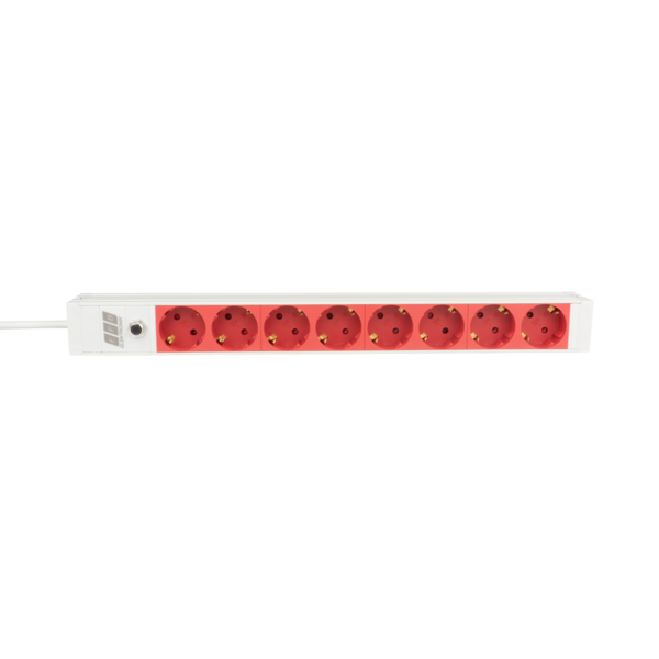 19? 1HE Steckdosenleiste 8 x CEE 7/3 rot,  Zul. C14, 10 A Überlastschutz, grau