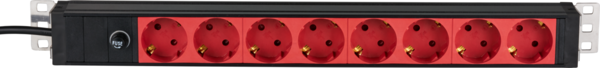 19? 1HE Steckdosenleiste 8 x CEE 7/3 rot,  -- Zuleitung C14, 10A Feinsicherung, schwarz