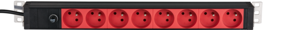 19? 1HE Steckdosenleiste 8 x CEE 7/5 (UTE) rot,  -- Zuleitung C14, 10A Feinsicherung, schwarz