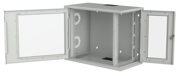 19 Wandgehäuse 5HE vert.+10HE hor./10-- 10HE  -- hor. Seitenwand Glas, lang, RAL7035