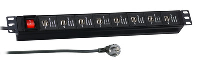 19 Zoll 1HE Steckdosenleiste 16 x USB A mit Schalter, schwarz, Zuleitung 3 m, je 2,1 A pro 2 Ports