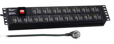 19 Zoll 2HE Steckdosenleiste 32 x USB A mit Schalter, schwarz, Zuleitung 3 m, je 2,1 A pro 2 Ports