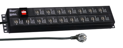 19 Zoll 2HE Steckdosenleiste 32 x USB mitSchalter, Winkel gedreht 19 Zoll 2HE Steckdosenleiste 32 x USB mitSchalter, Winkel gedreht