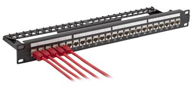 24-Port Patchpanel Cat.6A 1HE bestückt -- mit Einbauadapter schwarz