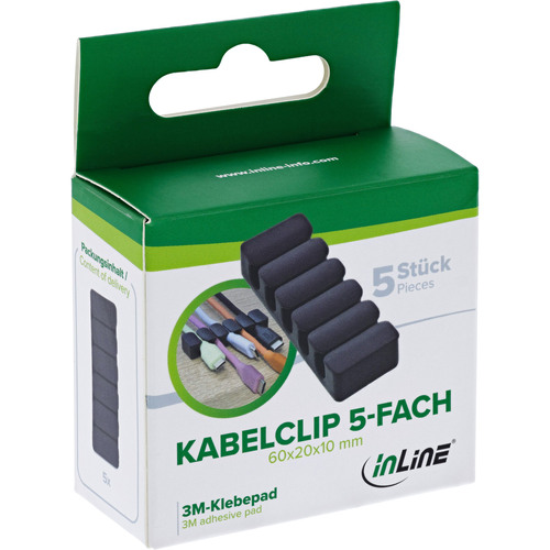5er Pack InLine® Kabelclip, 5-fach, selbstklebend, schwarz