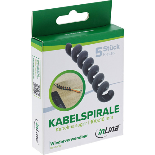 5er Pack InLine® Kabelspirale, Kabelmanager 1-fach, 100x16mm, schwarz