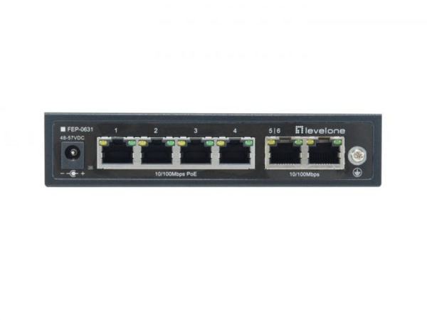 6-Port Fast Ethernet 4-Port PoE 802.3af -- 250M PoE Auto checking