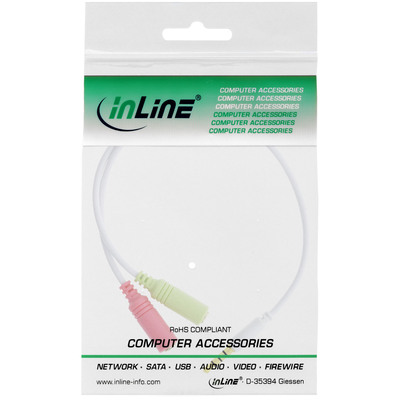 InLine® Headset Adapterkabel, 3,5mm Stecker an 2x3,5mm Buchse, weiß, 0,15m (Produktbild 2)
