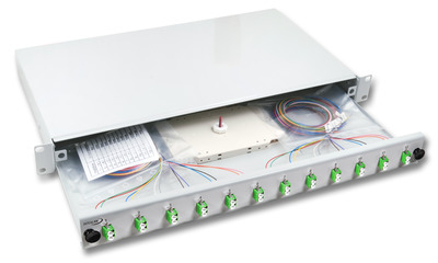 INFRALAN© Spleißbox ausziehbar LC, 48 -- Pigtails abgesetzt / 24 Kupplungen, OM3, ISB-LCDU-24-3-GR-ABA (Produktbild 1)