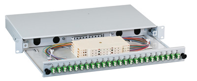 INFRALAN© Spleißbox ausziehbar LC, 48 -- Pigtails abgesetzt / 24 Kupplungen, OM5, ISB-LCDU-24-5-GR-ABA (Produktbild 1)