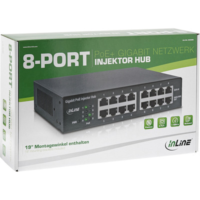 InLine® PoE+ Gigabit Injektor Hub 8 Port (8x PoE+), 1Gb/s, 19 1HE, lüfterlos  (Produktbild 5)