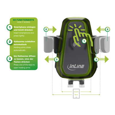 InLine® KFZ Smartphone Halterung elektrisch mit Saugnapf und Befestigung für Lüftungsschlitz, ONE TOUCH QI, universal, ausziehbar, Wireless Charger (Produktbild 6)
