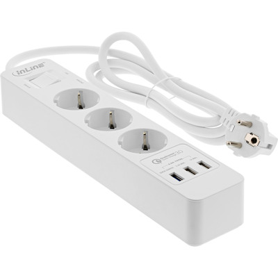 InLine® Steckdosenleiste, 3-fach Schutzkontakt, Überspannungsschutz und QuickCharge USB, mit Schalter, 1,5m, weiß (Produktbild 2)