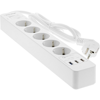 InLine® Steckdosenleiste, 5-fach Schutzkontakt, Überspannungsschutz und QuickCharge USB, mit Schalter, 1,5m, weiß (Produktbild 2)