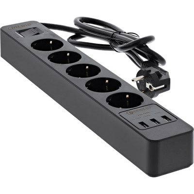 InLine® Steckdosenleiste, 5-fach Schutzkontakt, Überspannungsschutz und QuickCharge USB, mit Schalter, 1,5m, schwarz (Produktbild 2)
