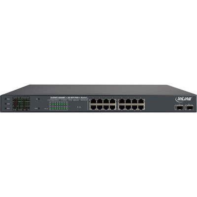 InLine® PoE++ Gigabit Netzwerk Switch 16 Port, 1Gb/s, 2xSFP, 19 1HE, Metall, Lüftersteuerung, mit Display, Passwortschutz, 300W (Produktbild 2)