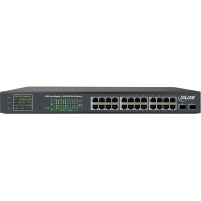 InLine® PoE+ Gigabit Netzwerk Switch 24 Port, 1Gb/s, 2xSFP, 19 1HE (Winkel enthalten), Metall, Lüftersteuerung, mit Display, 420W (Produktbild 2)