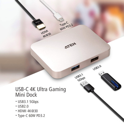 Aten UH3235 USB-C 4K Ultra Mini Dock - PD60W (Produktbild 3)