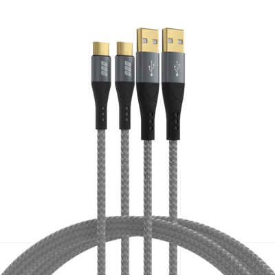 USB-A auf USB-C Kabelset 60W QC 3A -- 2x1m grau Goldkontakte Textilmantel, USB-AC-00006 (Produktbild 1)