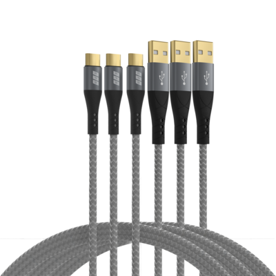 USB-A auf USB-C Kabelset 60W QC 3A -- 3x2m grau Goldkontakte Textilmantel, USB-AC-00008 (Produktbild 1)