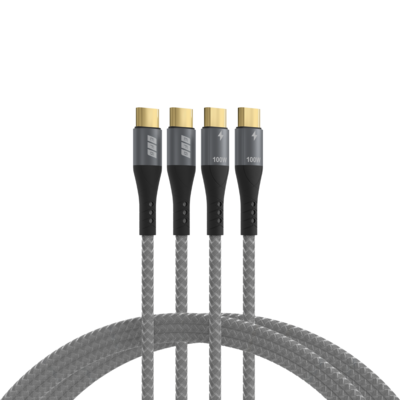 USB-C Kabelset 100W PD 3.0 5A E-Marker Chip -- 2x1m grau Goldkontakte Textilmantel, USB-CC-00005 (Produktbild 1)
