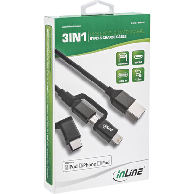 InLine® 3-in1 USB Kabel, Micro-USB/Lightning/USB-C, schwarz/Alu, 1,5m MFi (Produktbild 2)