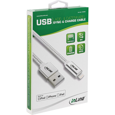 InLine® Lightning USB Kabel, für iPad, iPhone, iPod, silber/Alu, 2m MFi-zert.