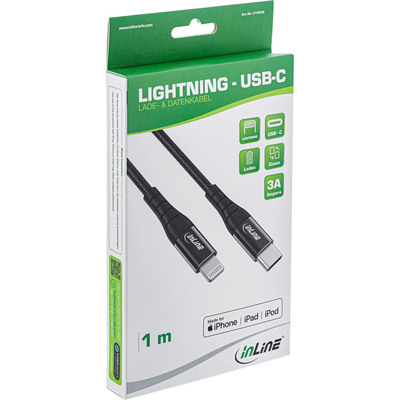 InLine® USB-C Lightning Kabel, für iPad, iPhone, iPod, schwarz/Alu, 2m MFi (Produktbild 2)