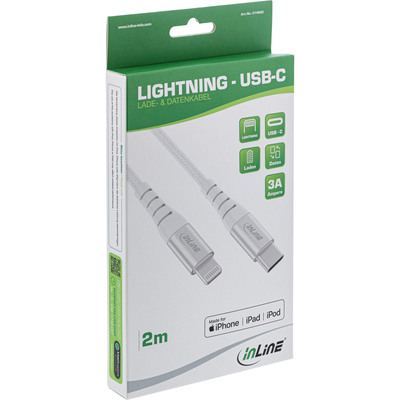 InLine® USB-C Lightning Kabel, für iPad, iPhone, iPod, silber/Alu, 1m MFi (Produktbild 2)