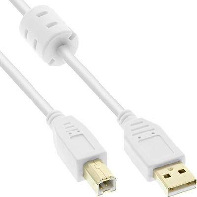 InLine® USB 2.0 Kabel, A an B, weiß / gold, mit Ferritkern, 3m (Produktbild 2)