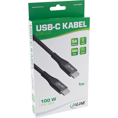 InLine® USB 2.0 Kabel, USB-C Stecker/Stecker Schnellladekabel 100W, 1m (Produktbild 2)