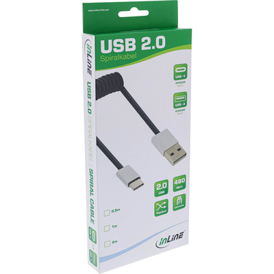 InLine® USB 2.0 Spiralkabel, USB-C ST an A ST, schwarz/Alu, flexibel, 2m (Produktbild 2)