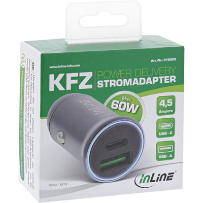 InLine® USB KFZ Stromadapter Power Delivery, USB-A + USB-C, grau (Produktbild 3)