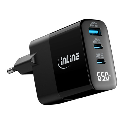 InLine® USB PD Netzteil, GaN Ladegerät, 3-Port, USB-C + USB-A, 65W, mit Display (Produktbild 3)