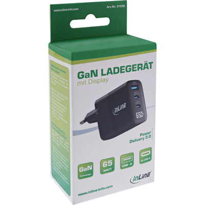 InLine® USB PD Netzteil, GaN Ladegerät, 3-Port, USB-C + USB-A, 65W, mit Display  (Produktbild 5)