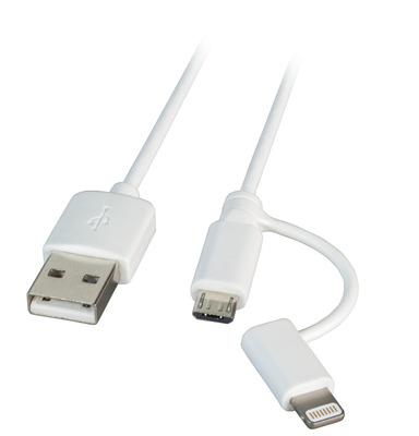 MFI USB2.0 Kabel Typ-A - 2 in 1 Stecker -- - Micro-B / Lightning, 1,0m, weiß, K5351WS.1 (Produktbild 1)