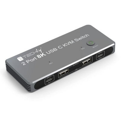Techly KVM USB-C Switch 8K Displayport 1.4 -- 2x USB-C, 3x USB 2.0, IDATA-KVM-DPC8K (Produktbild 1)