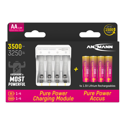 ANSMANN 1001-0183 Pure Power Ladeset mit 4 Li-Ion Akkus Mignon AA
