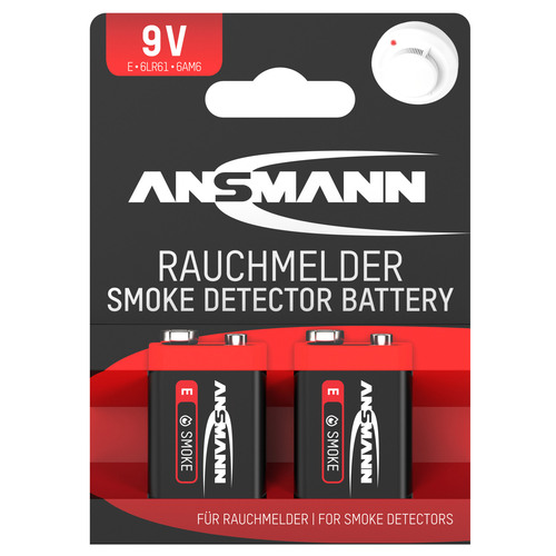 ANSMANN 1515-0006 Alkaline-Batterie für Rauchmelder, 6LR61 9V Block (E) 2er-Pack