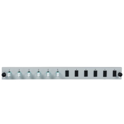 Bestückte 12 Port Frontblende mit 6 x LC -- Duplex Kupplung OM3 vertikal, grau