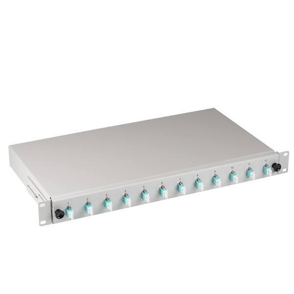 Bestückte Spleißbox ausziehbar LC OM3 -- 12xPigtails / 6xDuplex-Kupplung