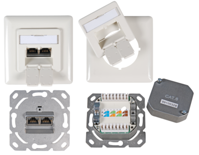 Datendose Cat.6 250MHz rechts/links -- Unterputz, 2xRJ45, RAL9010