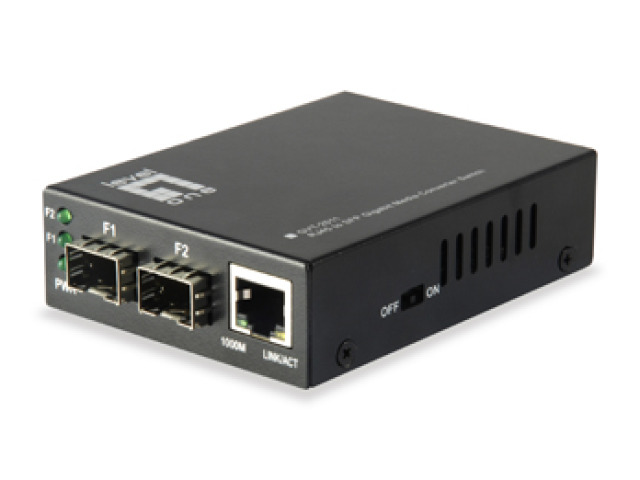 Gigabit RJ45 zu SFP Mediakonverter-Switch, 2x SFP, 1x RJ45 Gigabit RJ45 zu SFP Mediakonverter-Switch, 2x SFP, 1x RJ45