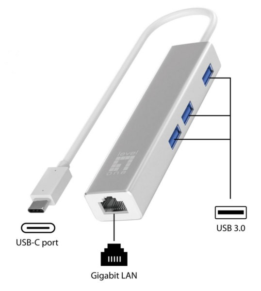 Gigabit-USB-C Netwerkadapter, mit USB Hub