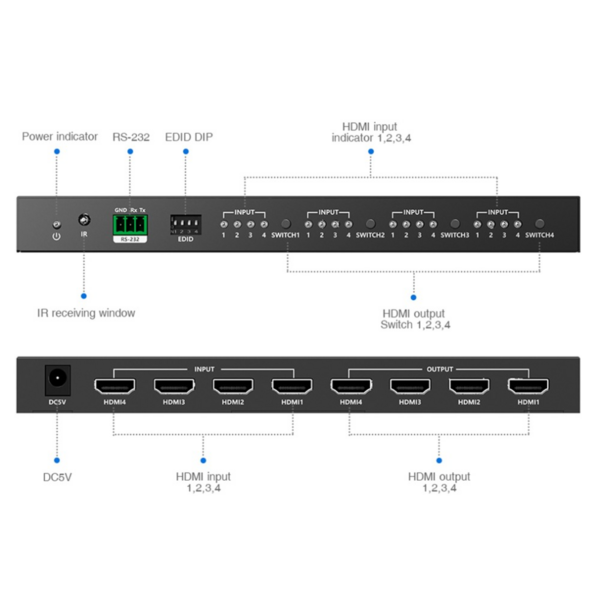 HDMI Matrix Switch 4IN-4OUT 4K@60Hz UHD 3D -- Bandbreite: 600MHz, IR Fernbedienung