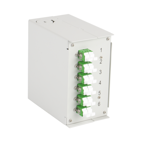 Hutschienenbox OS2 G652D 12xLC/APC Pigtail -- abgesetzt 6x LC/APC-Duplex Kupplung