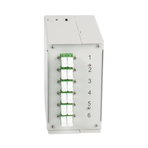 Hutschienenbox OS2 G652D 12xLC/APC Pigtail -- abgesetzt 6x LC/APC-Duplex Kupplung