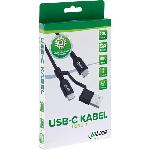 InLine® 2-in-1 USB-C Kabel + USB-A Adapter, USB 2.0, 100W, TPE, schwarz, 2m
